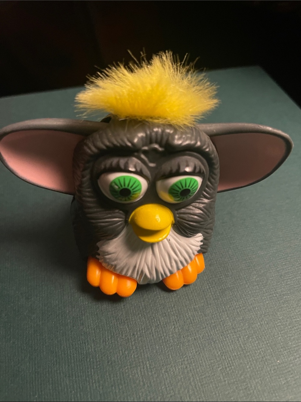 McDonald's Gray rolling Furby Figure w/Yellow Tuft, movable ears & Green Eyes